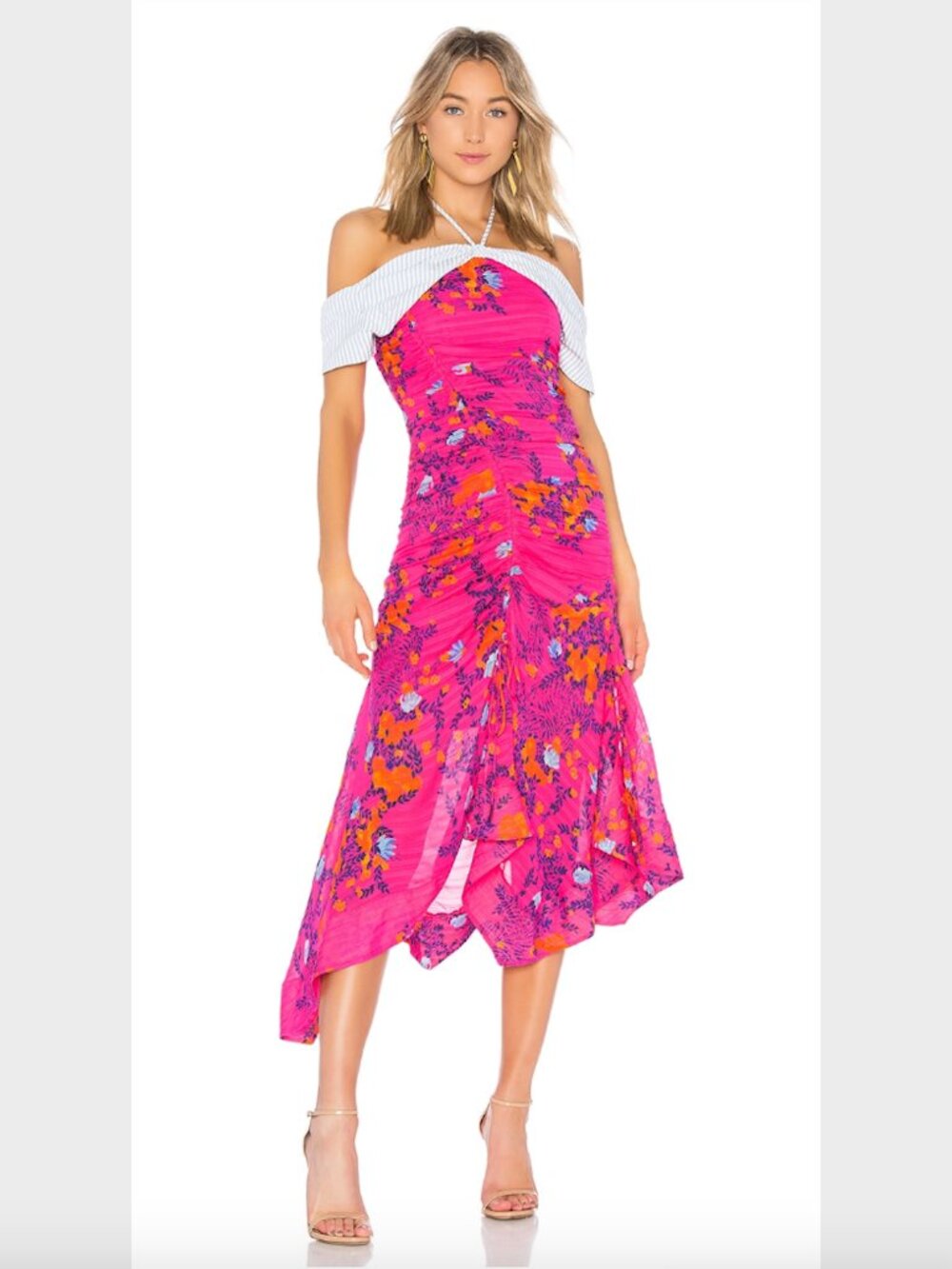 Tanya Taylor Virginia Dress - Pink Floral Off the Shoulder w/ Asymmetrical Hem